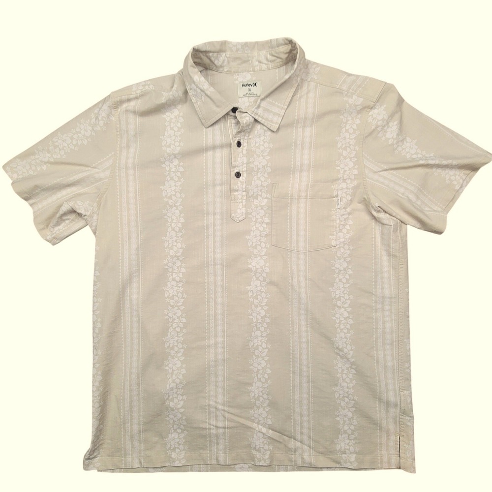 Hurley Phantom Mens XL Polo Shirt Beige Floral Stripe Short Sleeve MVS0005550